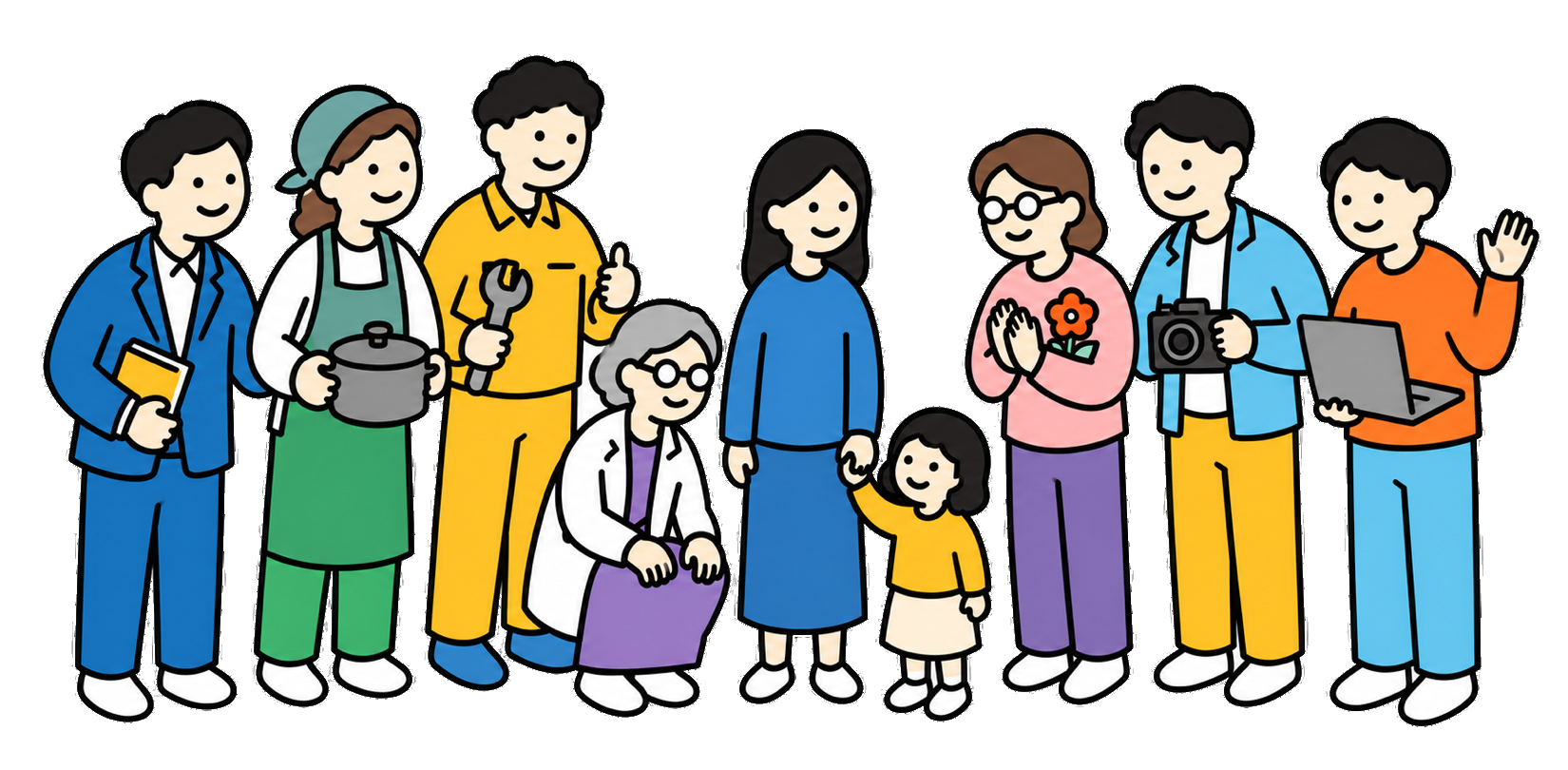 母と子を囲む、いろいろな職業のHAGAIバディたち