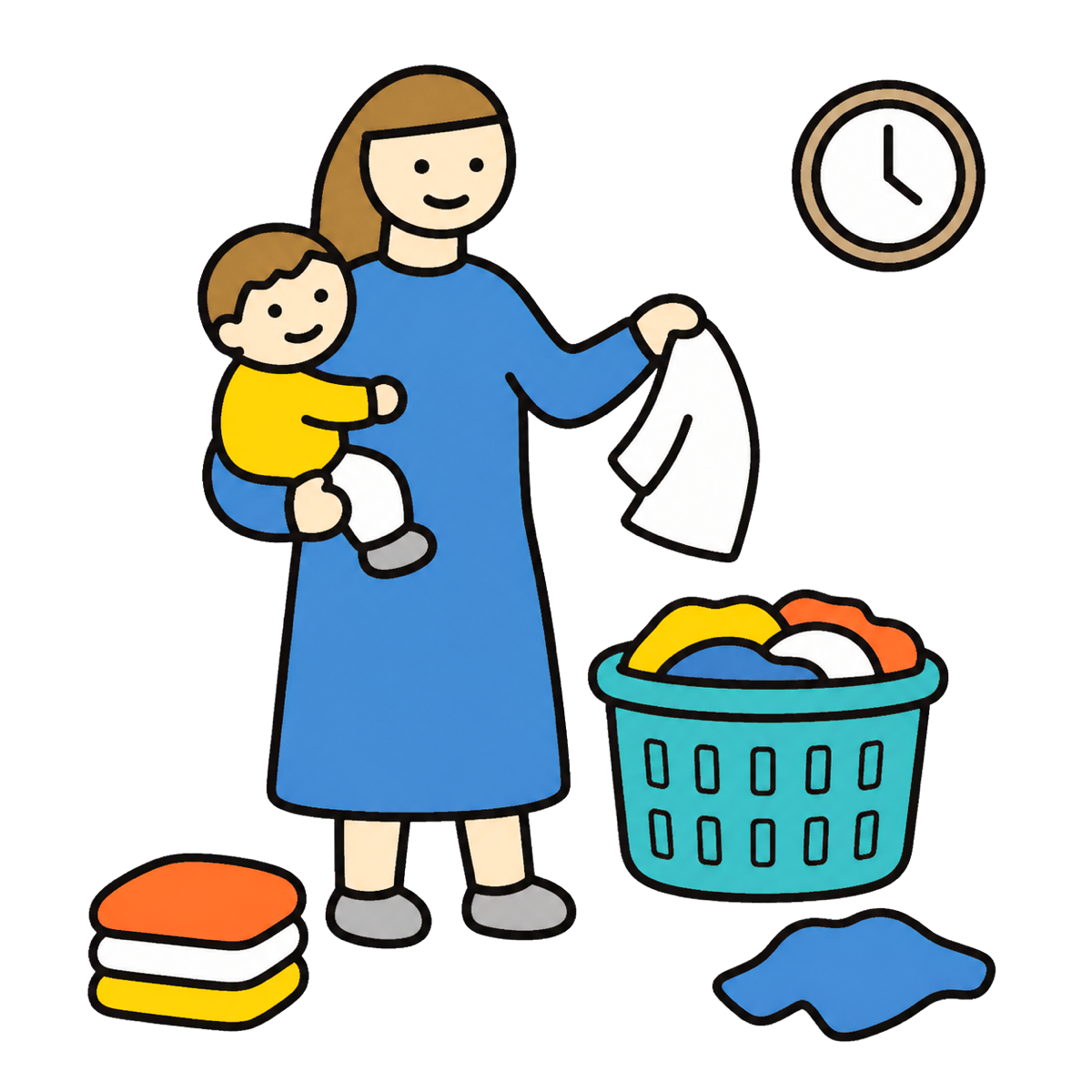 子どもを抱きながら洗濯をする母親と、時計