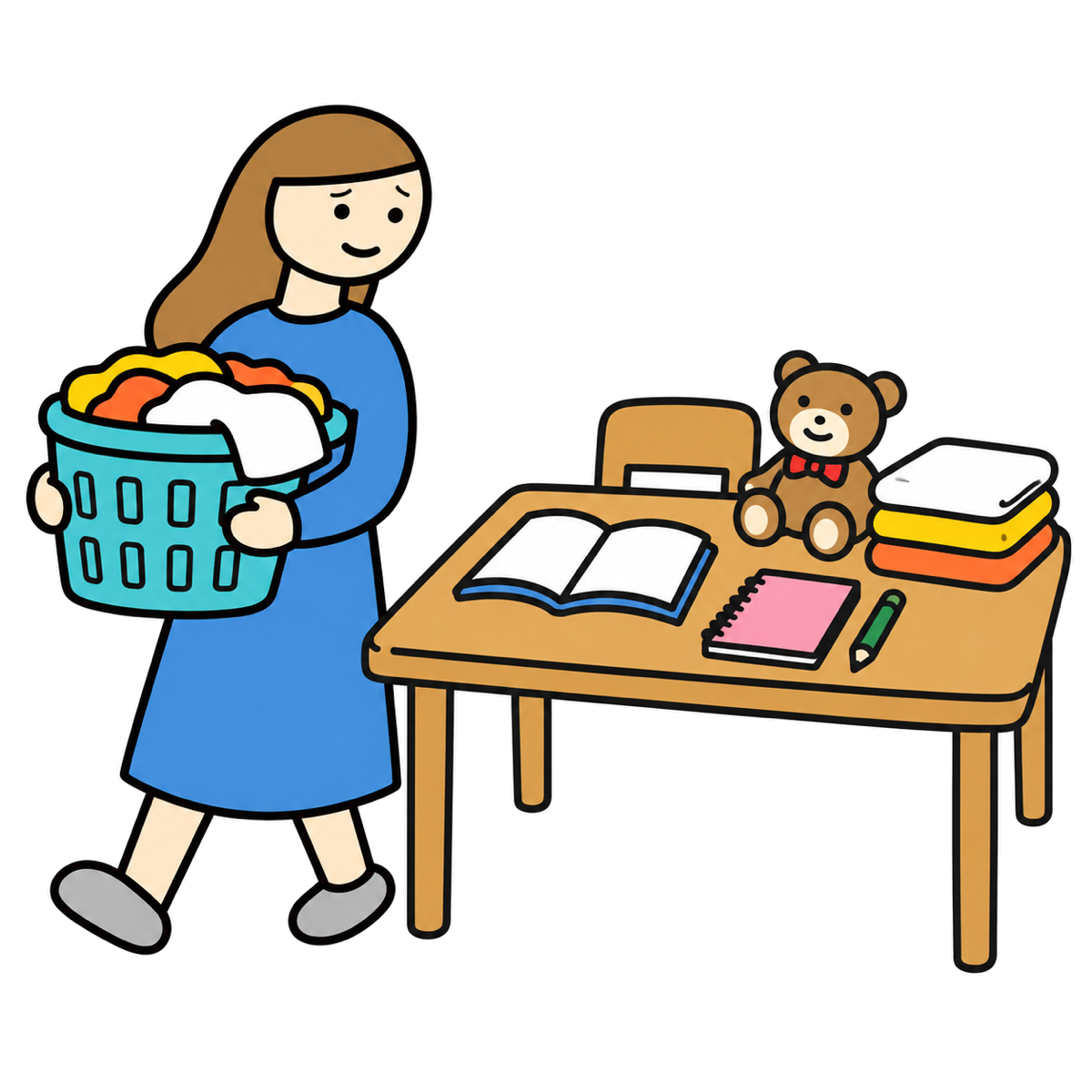 洗濯物を抱えたまま、本や学びの道具の前を通り過ぎる母親