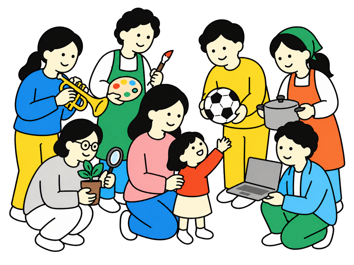 楽器・絵筆・ボール・料理・植物・パソコンを手にしたHAGAIバディに囲まれ、母と子がその一つへ手を伸ばしている