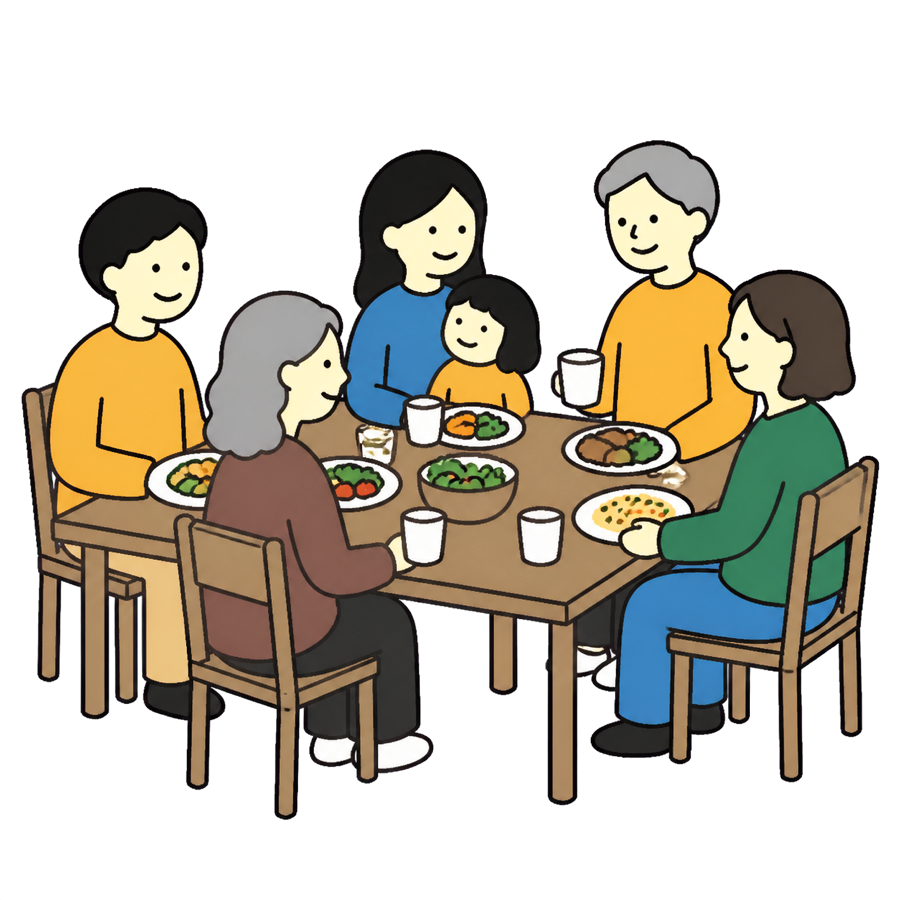 母と子を囲んで、いろいろな年代の大人が食卓を囲んでいる