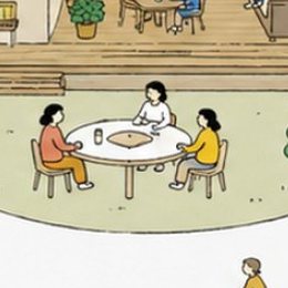 庭の丸テーブルで語らう人たち